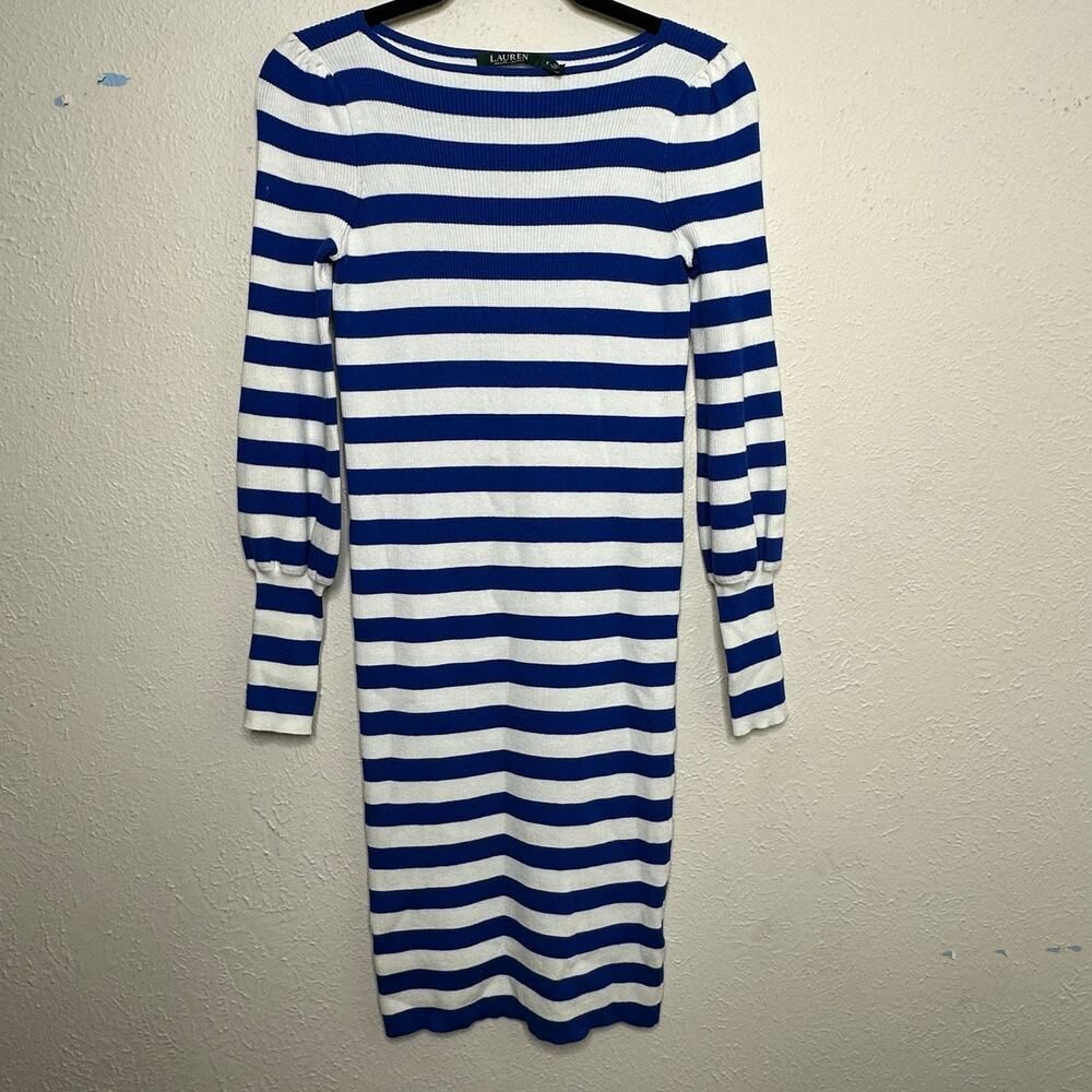 Ralph Lauren Woman's Size Small Blue & White Long Sleeve Ribbed Sweater Dress